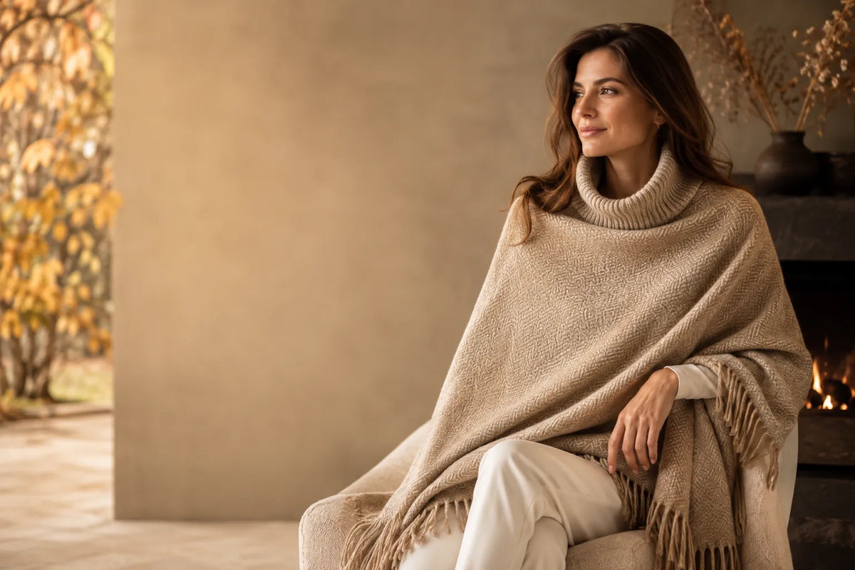 Femme portant un poncho en laine beige élégant Ton Poncho