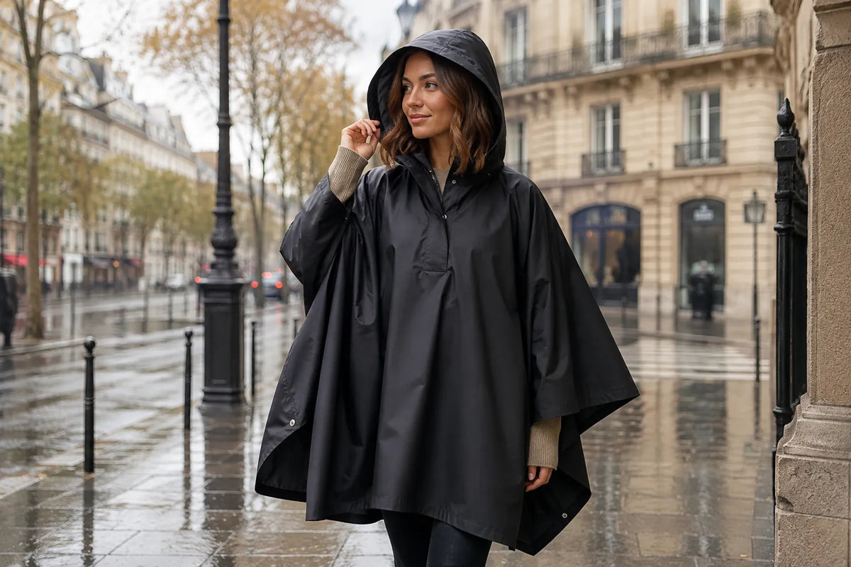 Femme portant un poncho de pluie noir imperméable Ton Poncho