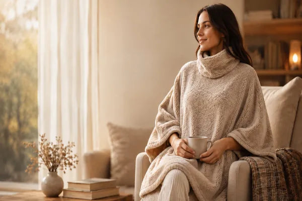 Femme portant un poncho polaire beige cocooning Ton Poncho