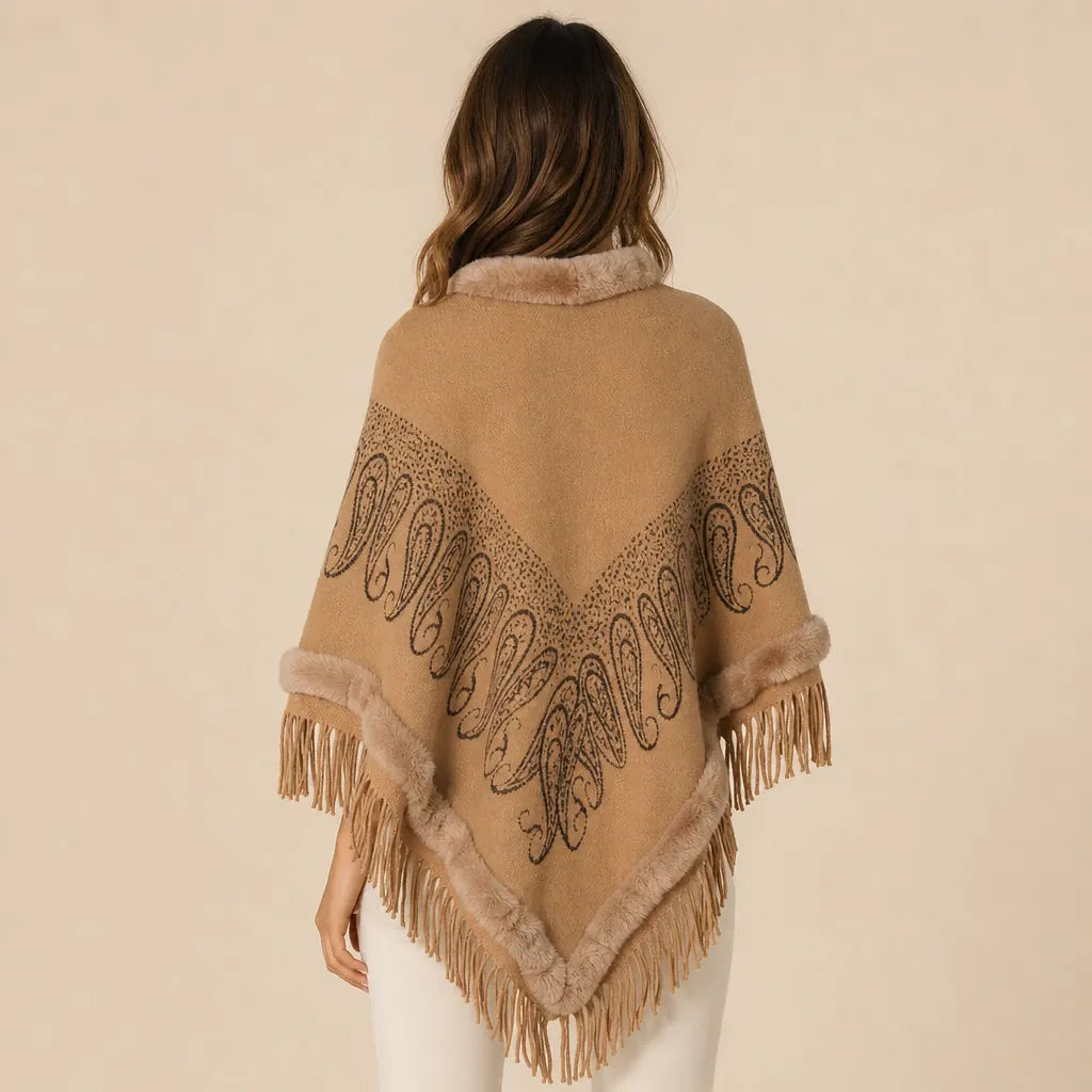 Ton poncho Manteau Poncho Femme Col Fausse Fourrure À Franges