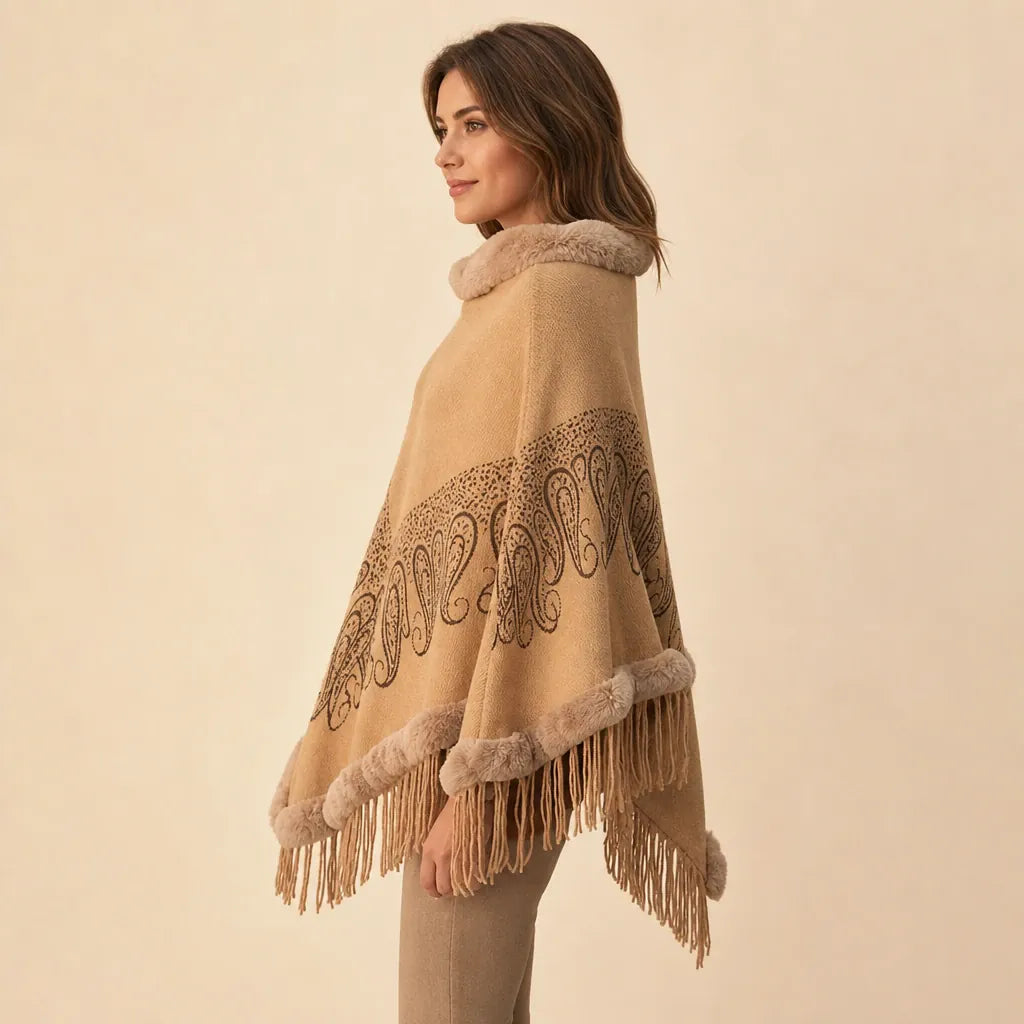Ton poncho Manteau Poncho Femme Col Fausse Fourrure À Franges