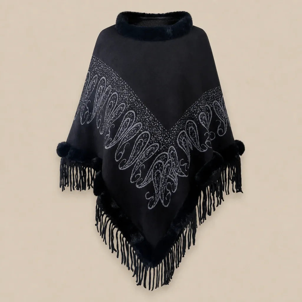 Ton poncho Manteau Poncho Femme Col Fausse Fourrure À Franges