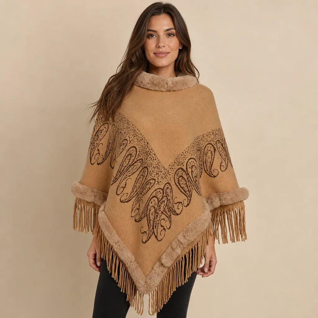 Ton poncho Manteau Poncho Femme Col Fausse Fourrure À Franges