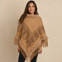 Ton poncho Manteau Poncho Femme Col Fausse Fourrure À Franges