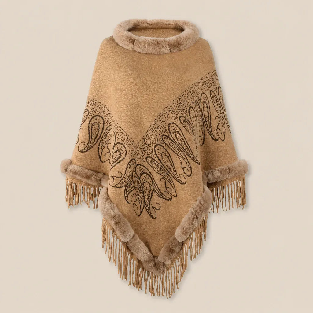 Ton poncho Manteau Poncho Femme Col Fausse Fourrure À Franges