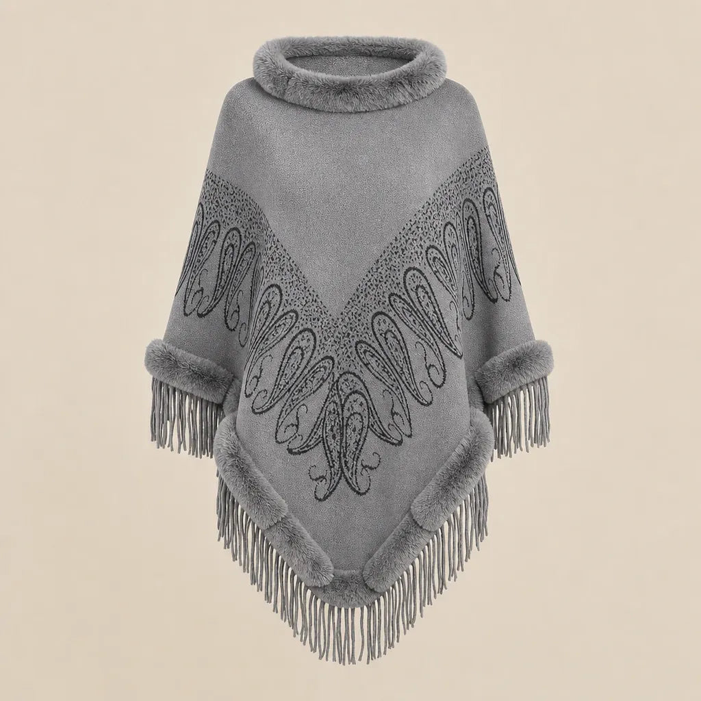 Ton poncho Manteau Poncho Femme Col Fausse Fourrure À Franges