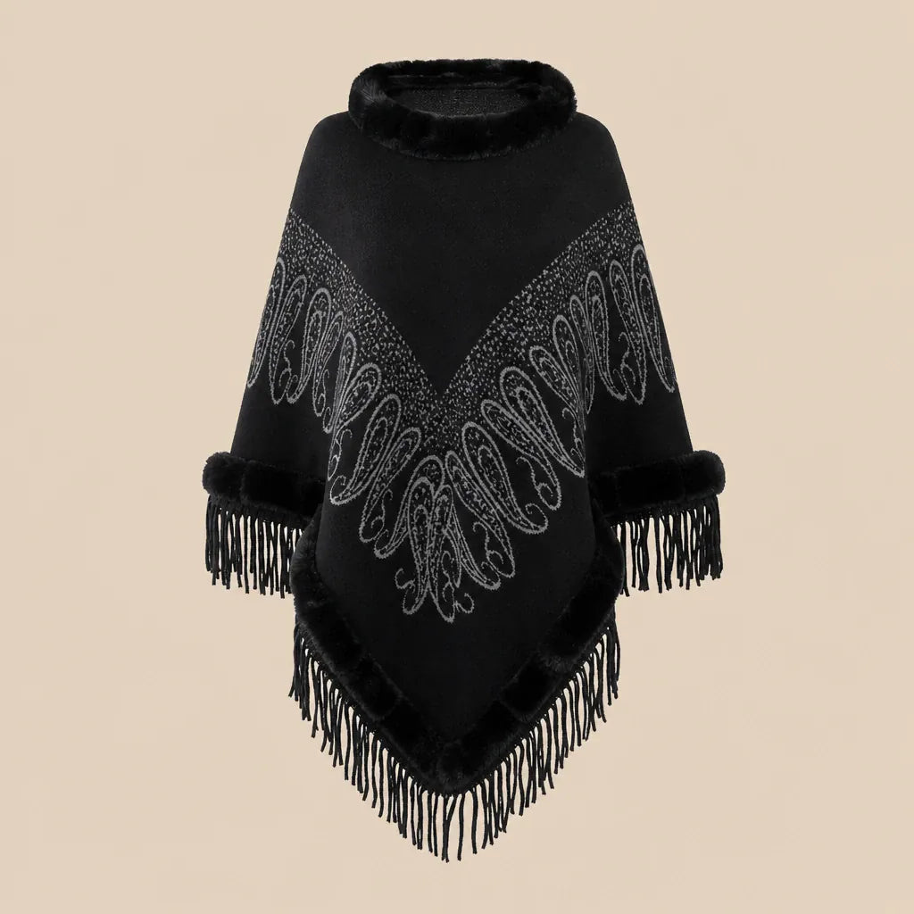 Ton poncho Manteau Poncho Femme Col Fausse Fourrure À Franges