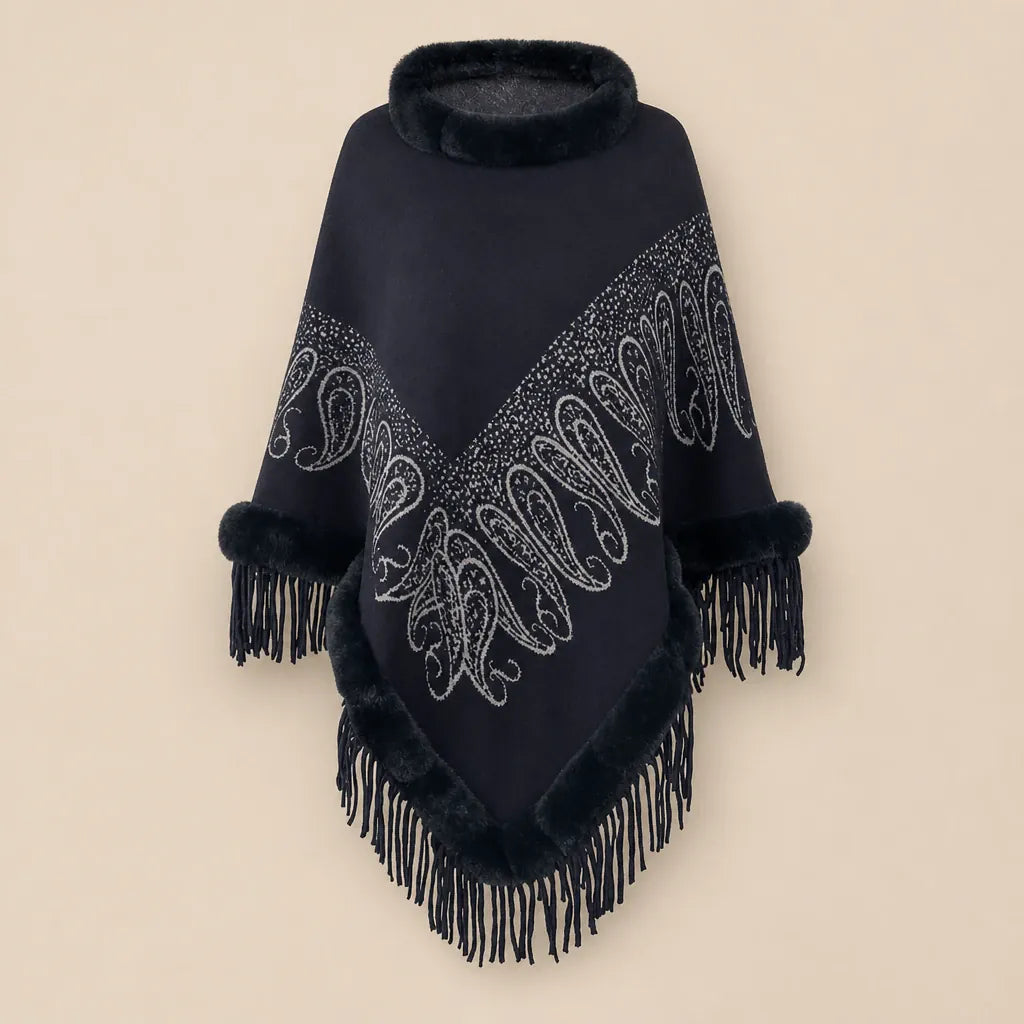 Ton poncho Manteau Poncho Femme Col Fausse Fourrure À Franges