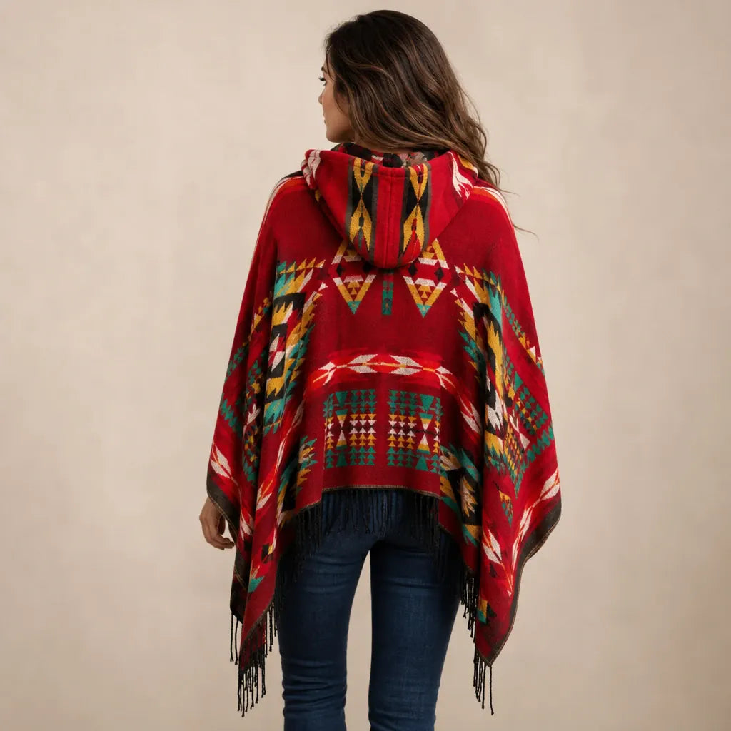 Ton poncho Poncho À Capuche Rouge Femme À Franges