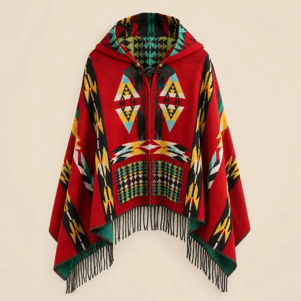 Ton poncho Poncho À Capuche Rouge Femme À Franges