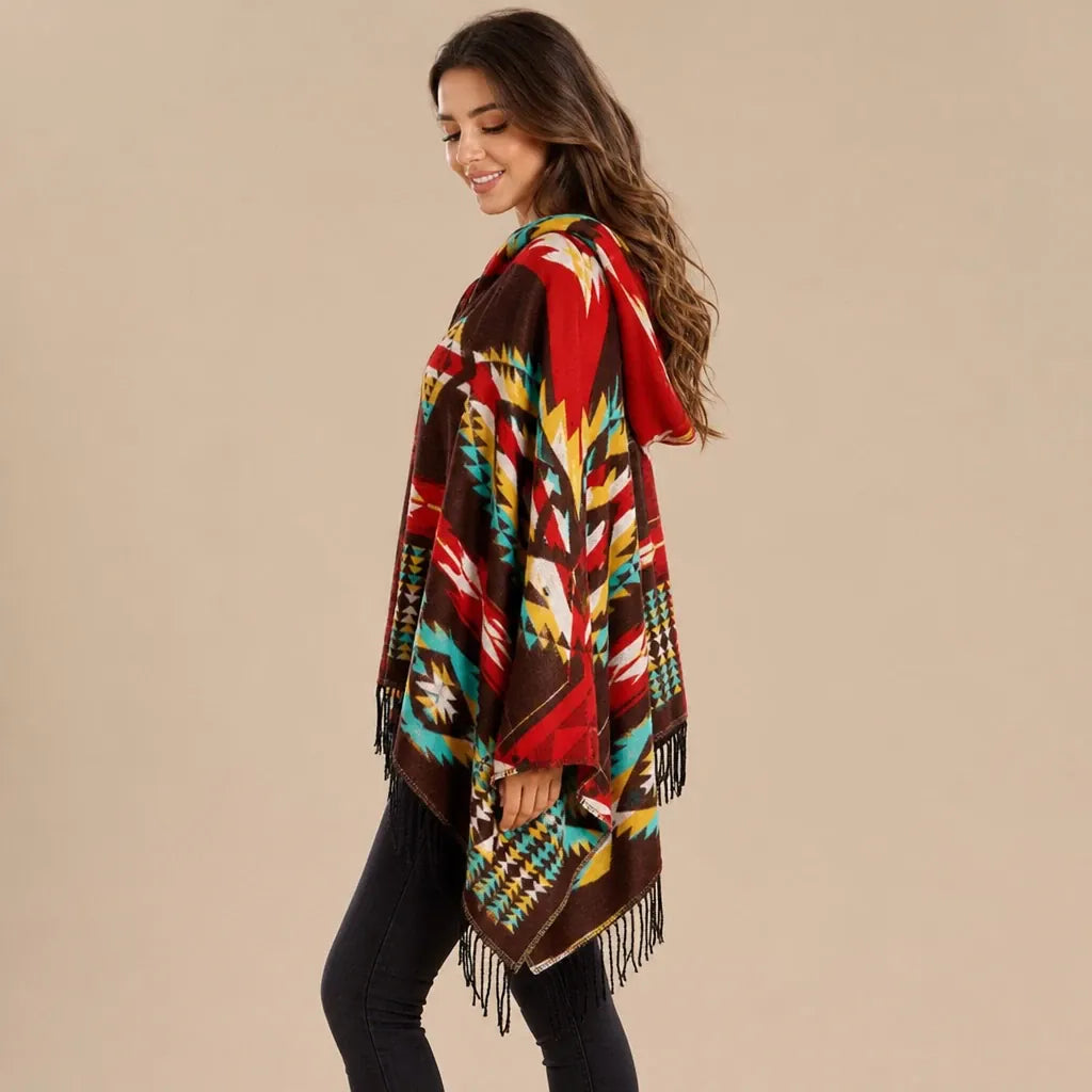 Ton poncho Poncho À Capuche Rouge Femme À Franges