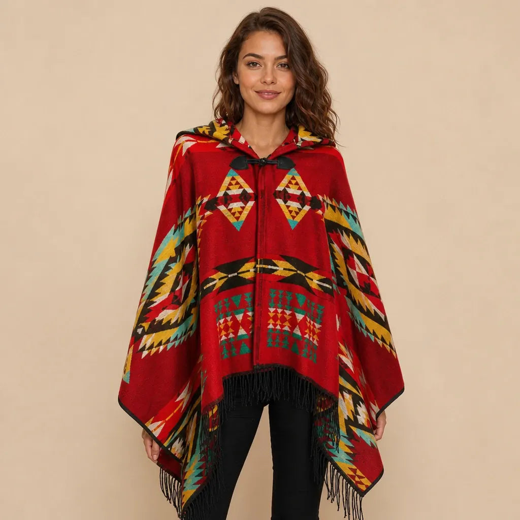 Ton poncho Poncho À Capuche Rouge Femme À Franges