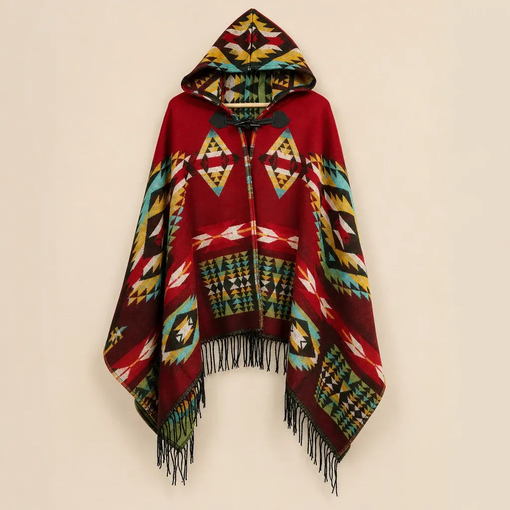 Ton poncho Poncho À Capuche Rouge Femme À Franges