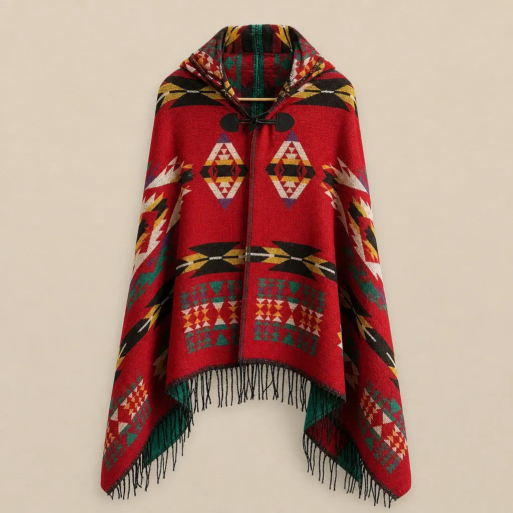 Ton poncho Poncho À Capuche Rouge Femme À Franges