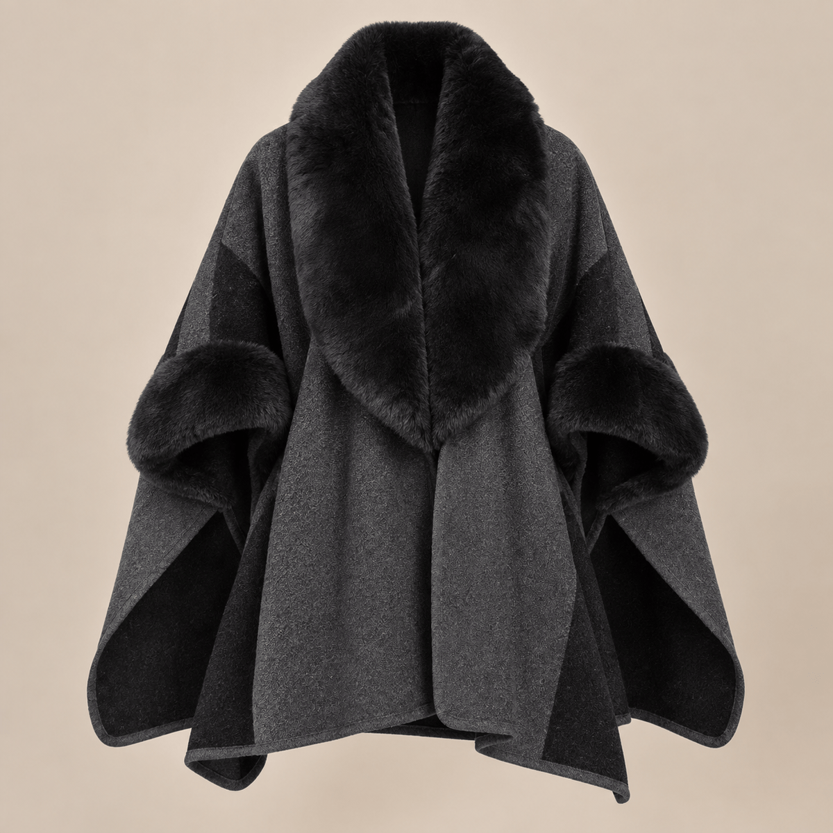 Ton poncho Poncho Beige Femme Col En Fausse Fourrure Color-Block