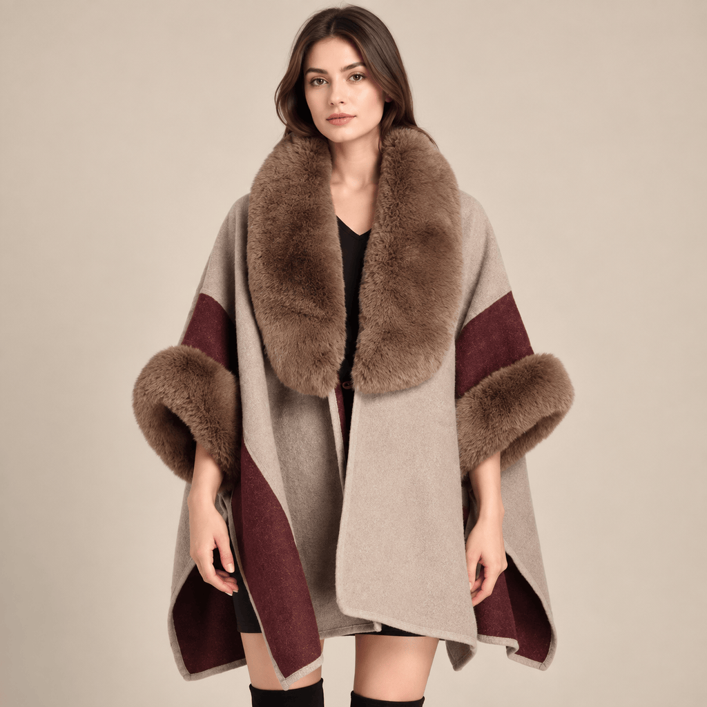 Ton poncho Poncho Beige Femme Col En Fausse Fourrure Color-Block
