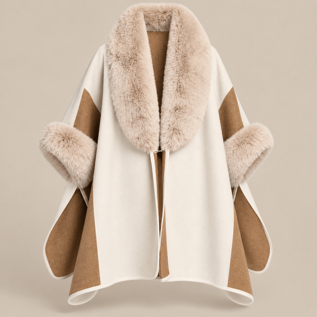 Ton poncho Poncho Beige Femme Col En Fausse Fourrure Color-Block