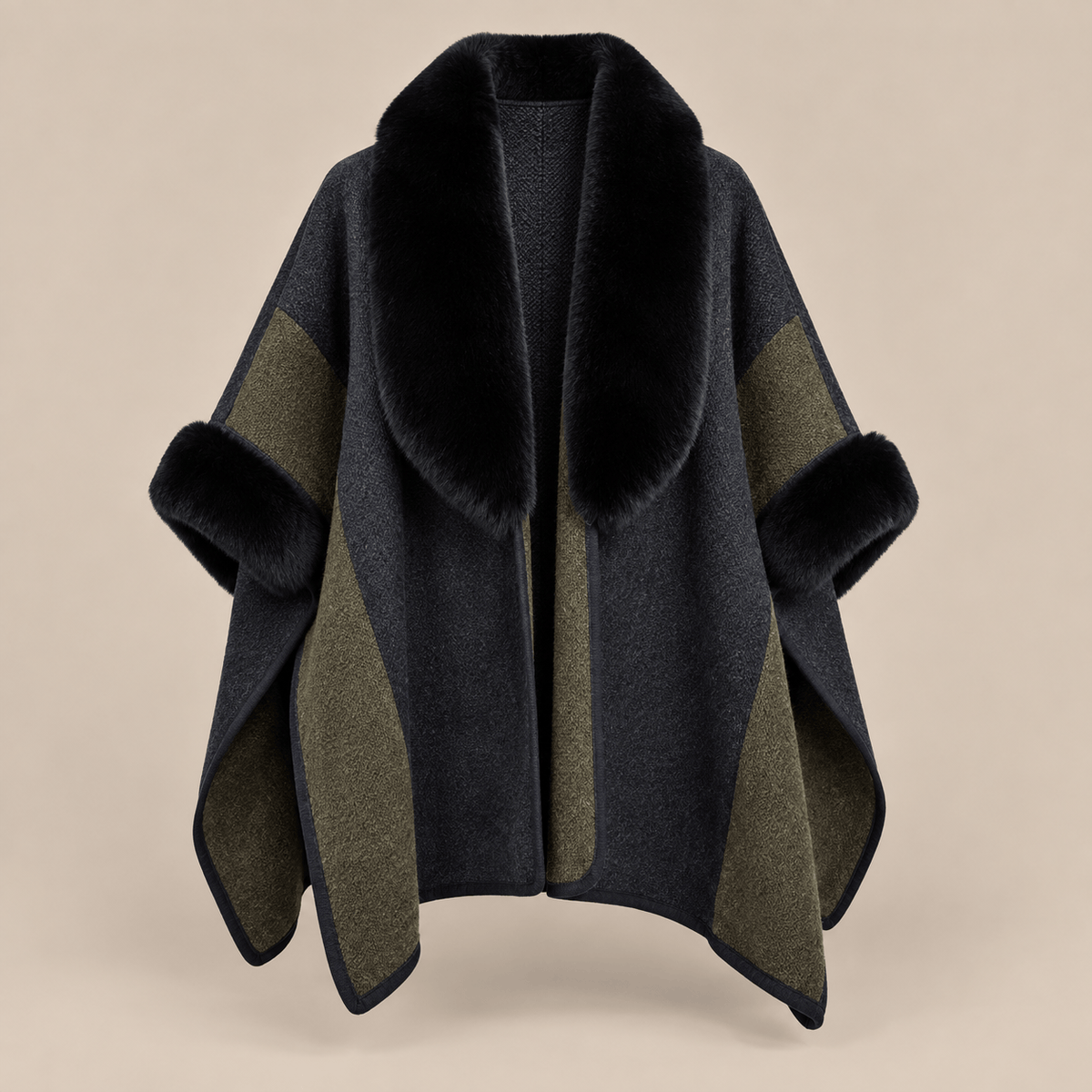 Ton poncho Poncho Beige Femme Col En Fausse Fourrure Color-Block