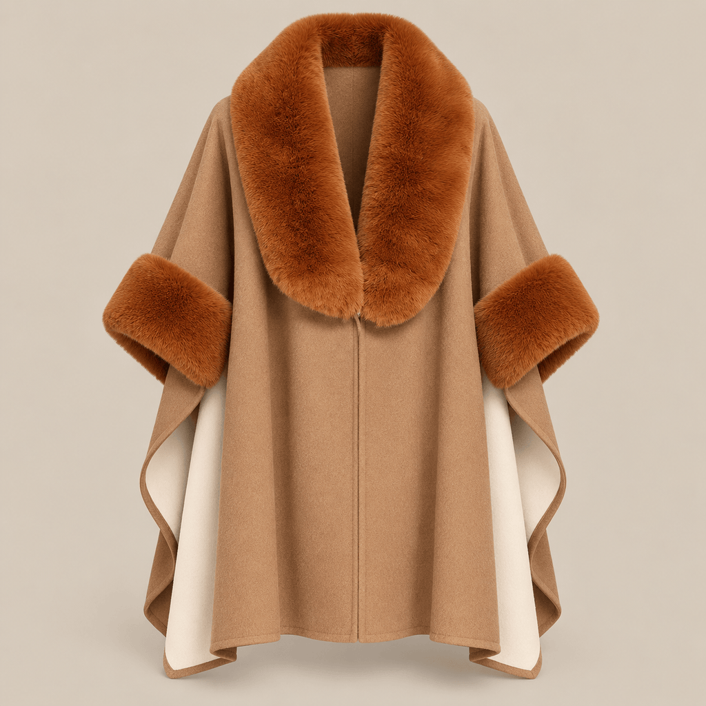 Ton poncho Poncho Beige Femme Col En Fausse Fourrure Color-Block