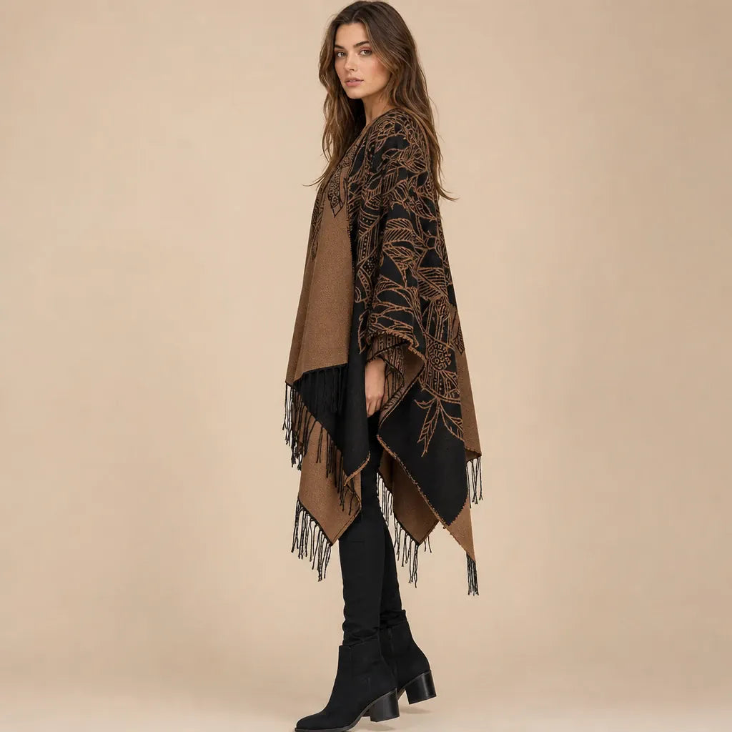 Ton poncho Poncho Boheme Imprimé Plumes À Franges