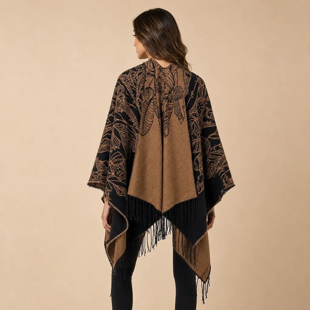 Ton poncho Poncho Boheme Imprimé Plumes À Franges