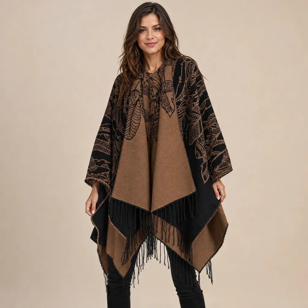 Ton poncho Poncho Boheme Imprimé Plumes À Franges