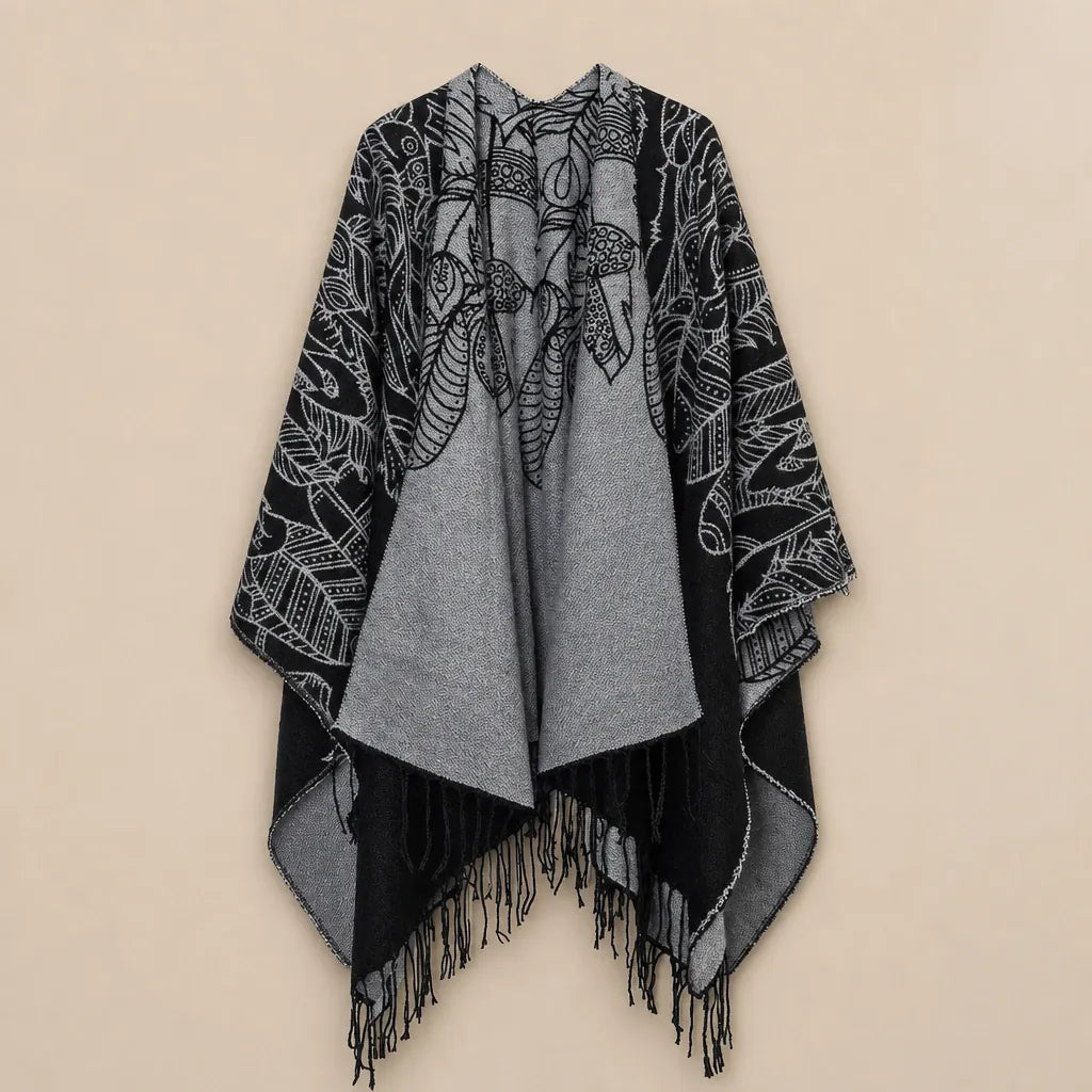 Ton poncho Poncho Boheme Imprimé Plumes À Franges