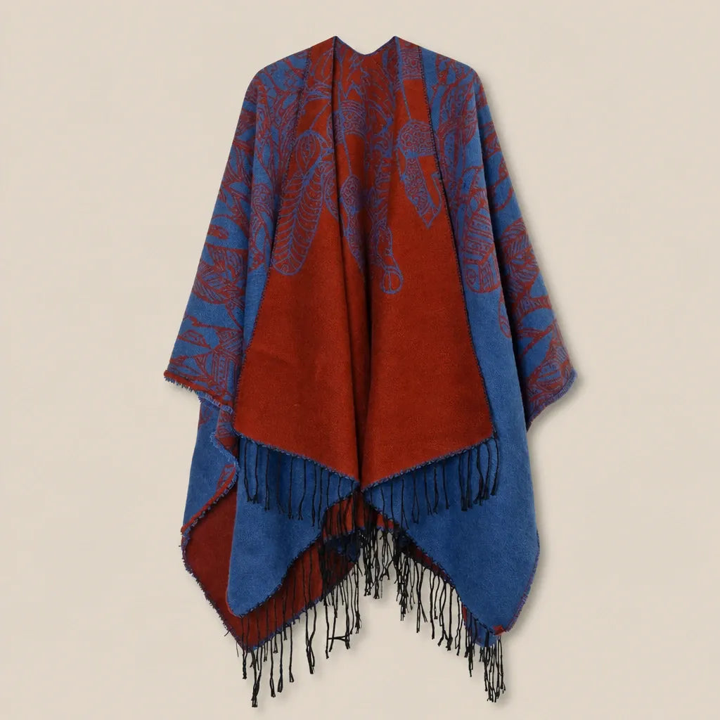 Ton poncho Poncho Boheme Imprimé Plumes À Franges