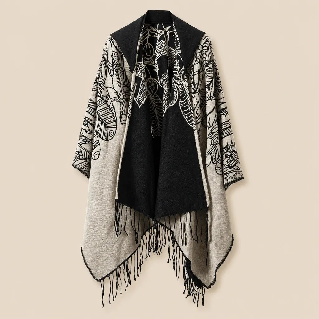 Ton poncho Poncho Boheme Imprimé Plumes À Franges