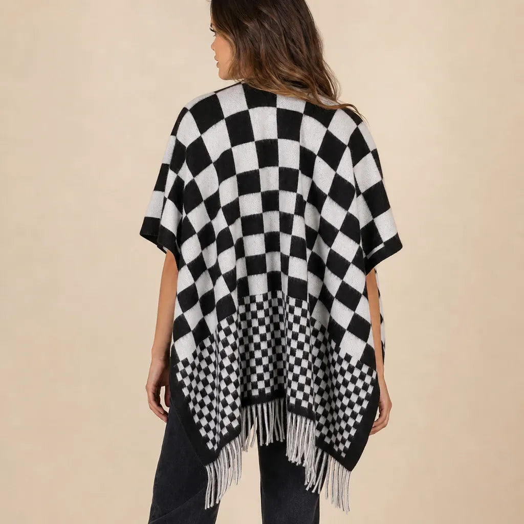 Ton poncho Poncho Cachemire Synthétique À Damier À Franges