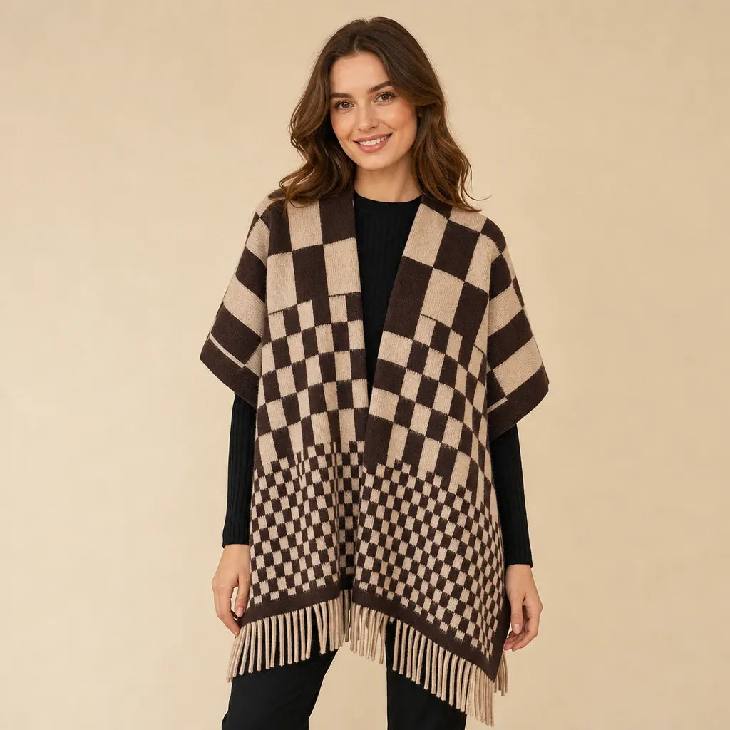 Ton poncho Poncho Cachemire Synthétique À Damier À Franges