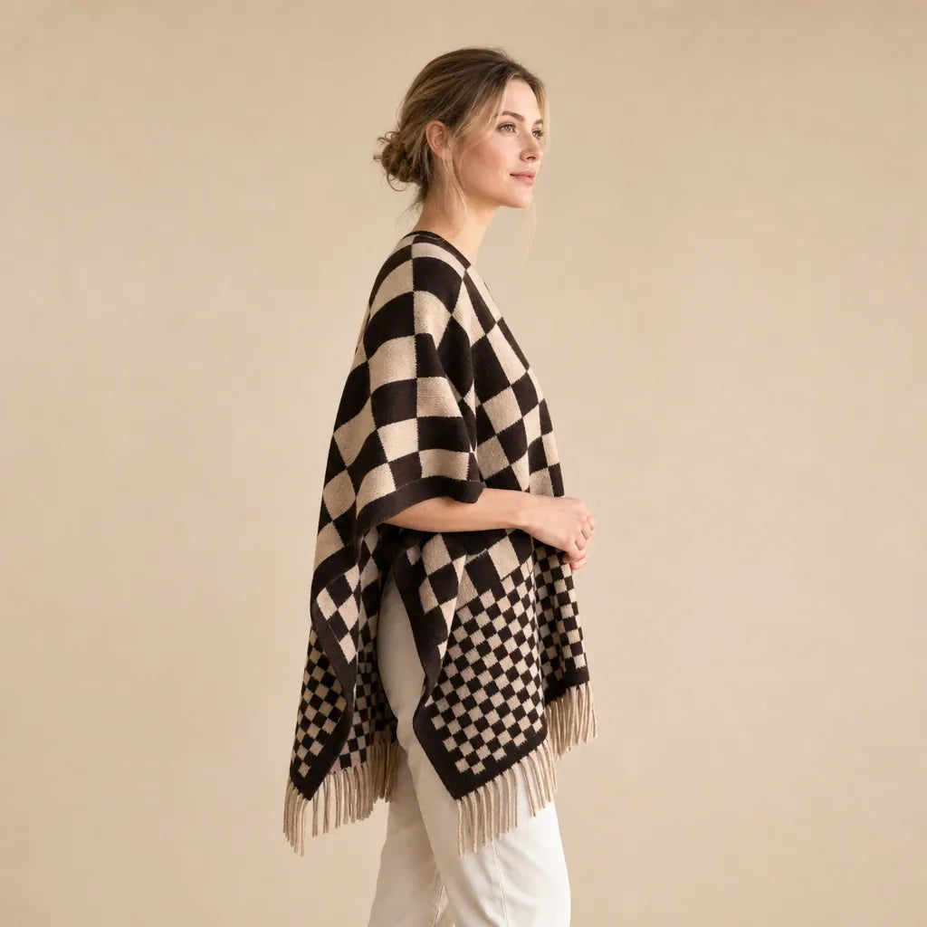Ton poncho Poncho Cachemire Synthétique À Damier À Franges