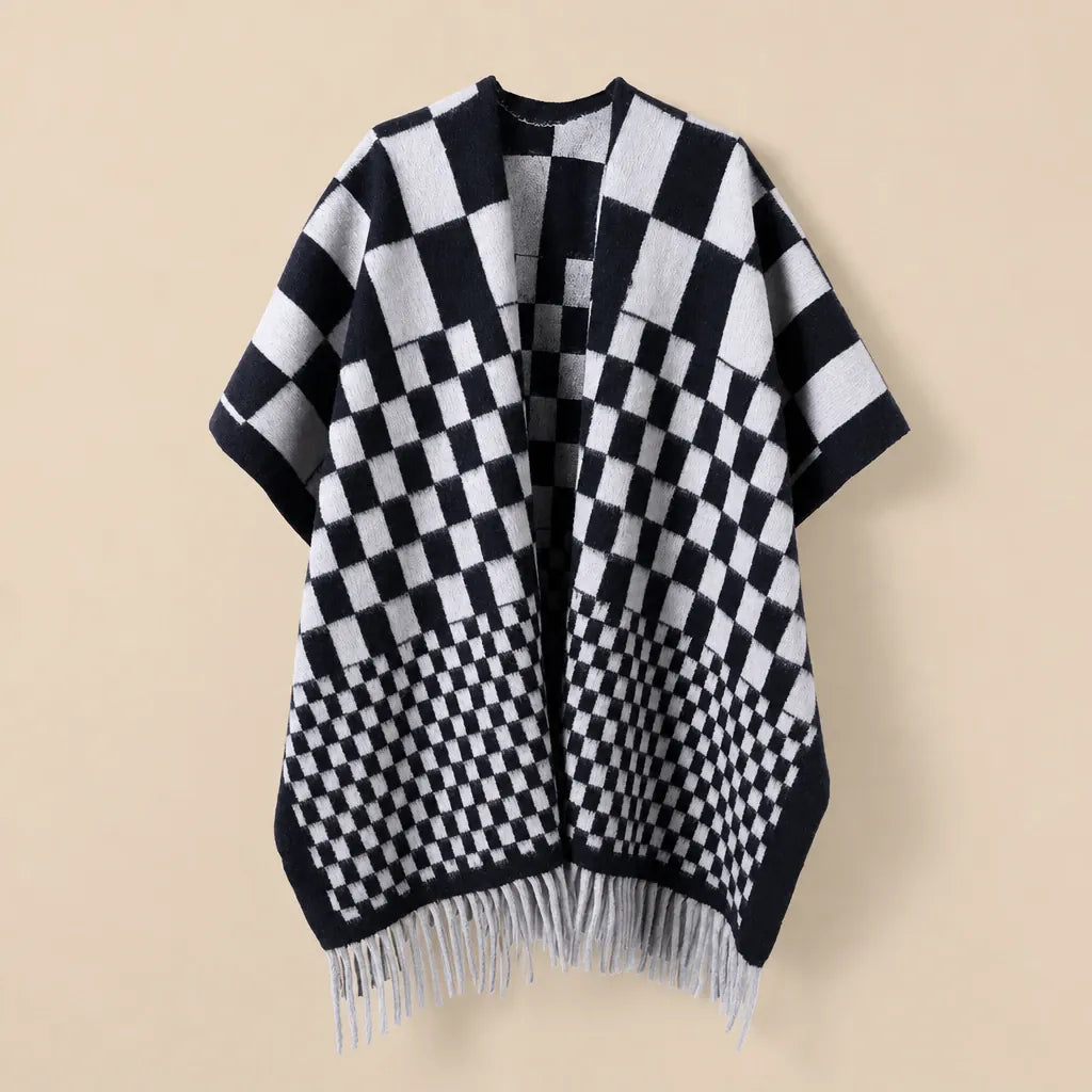 Ton poncho Poncho Cachemire Synthétique À Damier À Franges