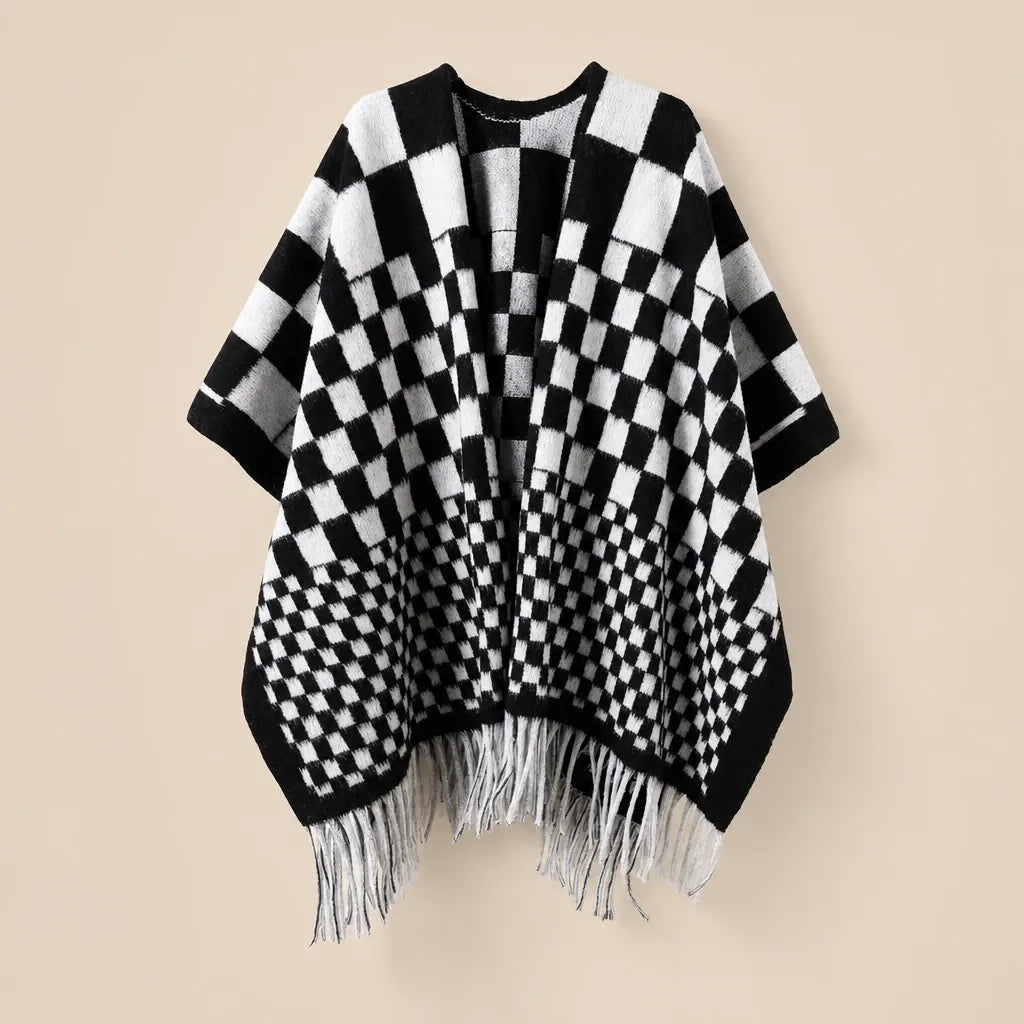 Ton poncho Poncho Cachemire Synthétique À Damier À Franges