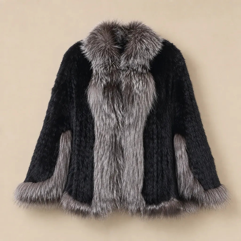 Ton poncho Poncho Cape Manteau En Fourrure De Lapin Tricotée Avec Col