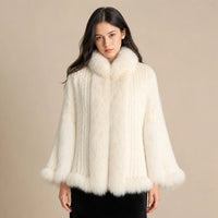 Ton poncho Poncho Cape Manteau En Fourrure De Lapin Tricotée Avec Col