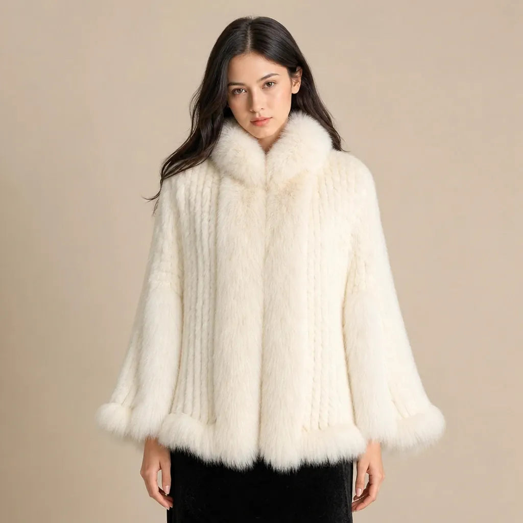 Ton poncho Poncho Cape Manteau En Fourrure De Lapin Tricotée Avec Col