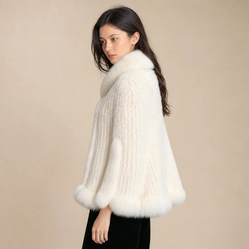 Ton poncho Poncho Cape Manteau En Fourrure De Lapin Tricotée Avec Col