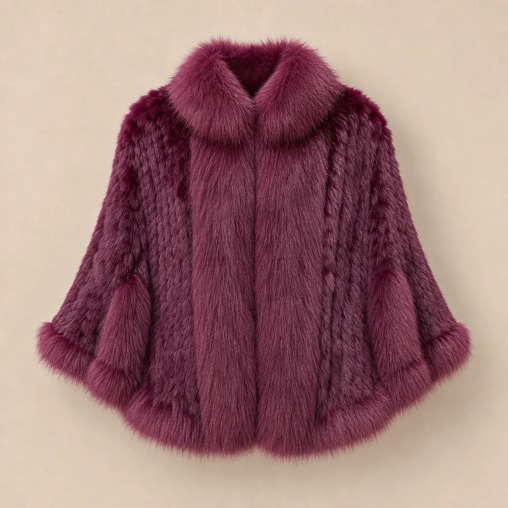 Ton poncho Poncho Cape Manteau En Fourrure De Lapin Tricotée Avec Col