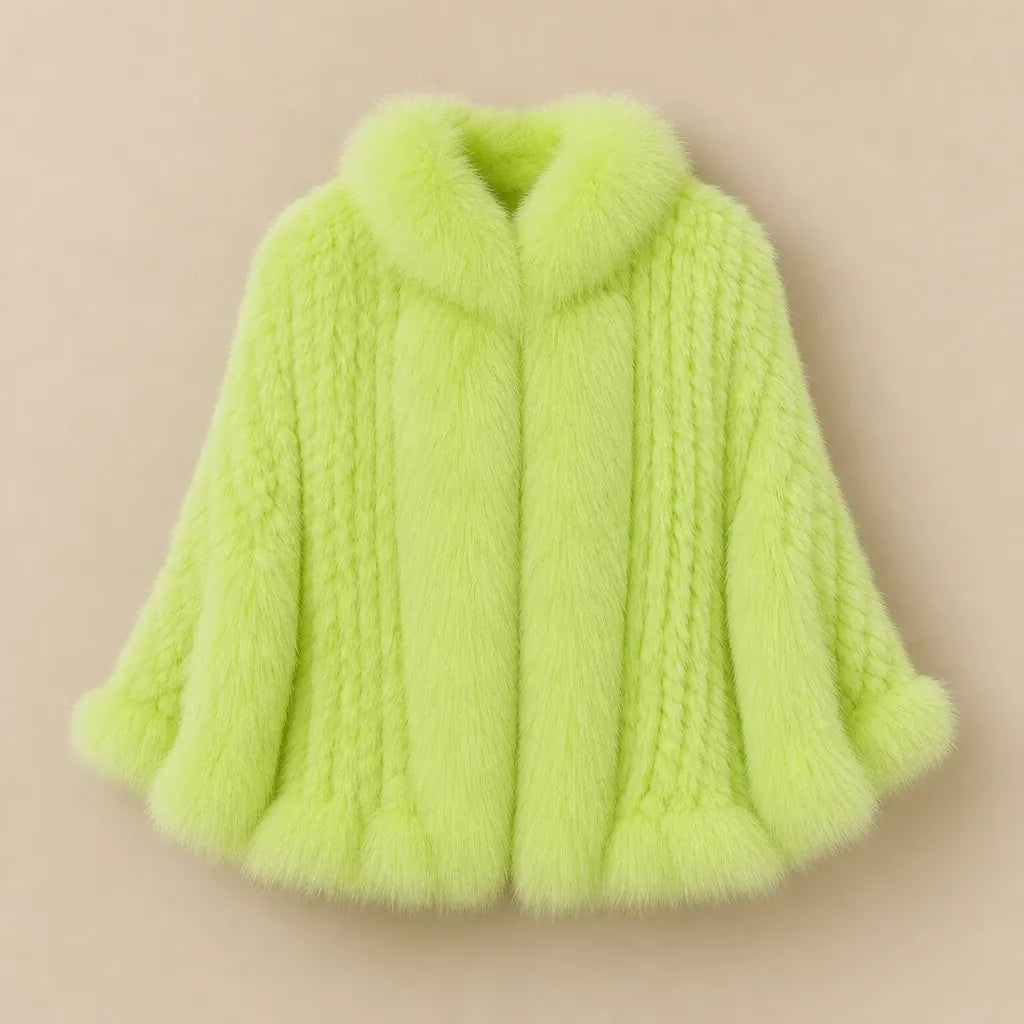 Ton poncho Poncho Cape Manteau En Fourrure De Lapin Tricotée Avec Col