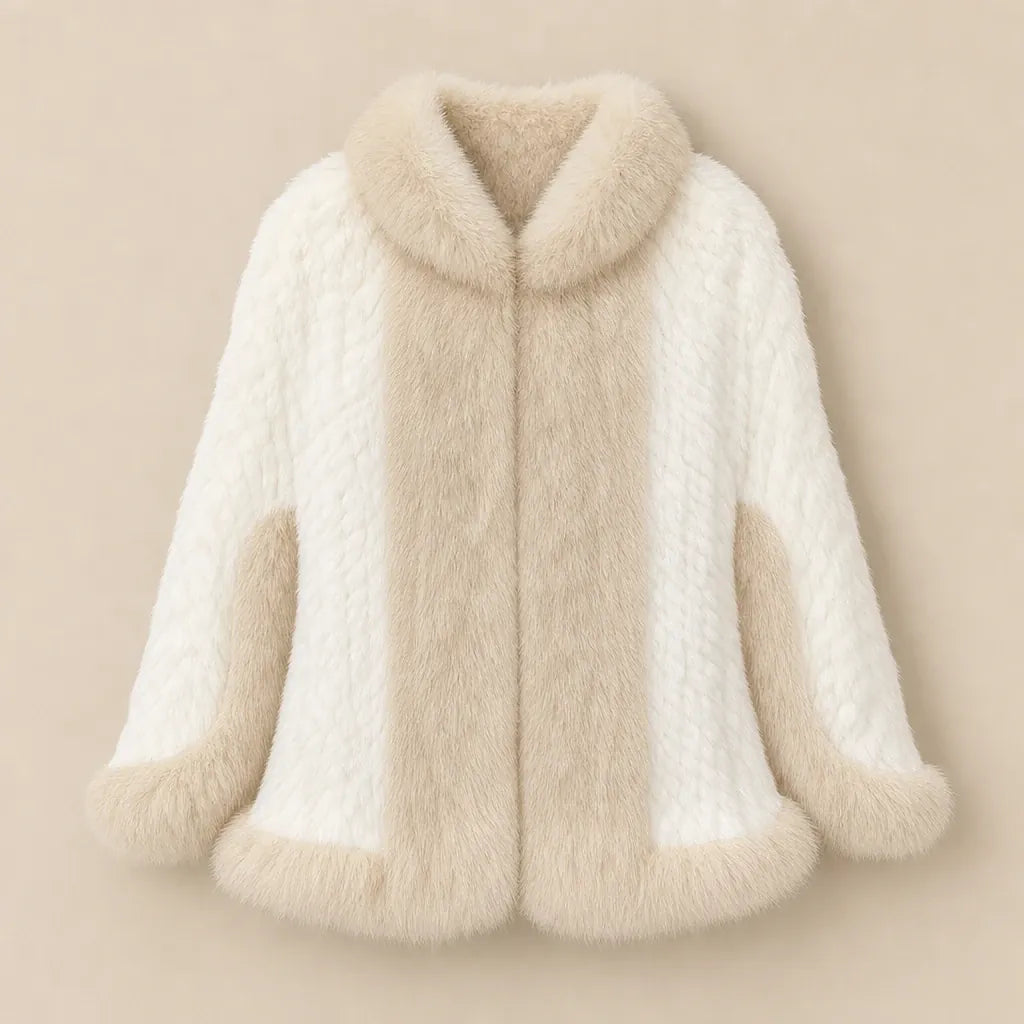 Ton poncho Poncho Cape Manteau En Fourrure De Lapin Tricotée Avec Col