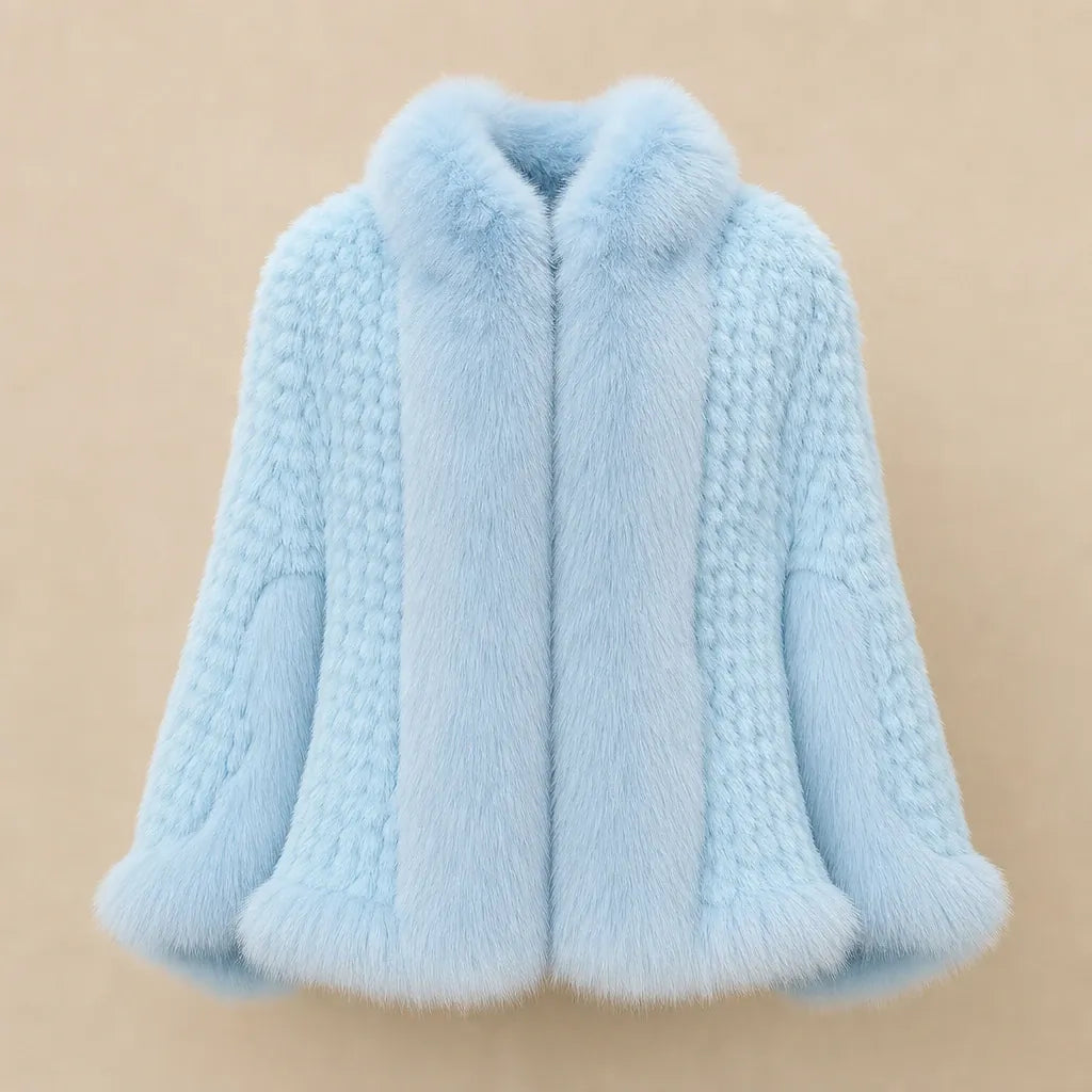 Ton poncho Poncho Cape Manteau En Fourrure De Lapin Tricotée Avec Col