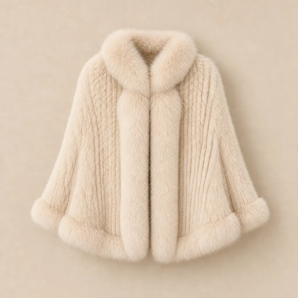 Ton poncho Poncho Cape Manteau En Fourrure De Lapin Tricotée Avec Col