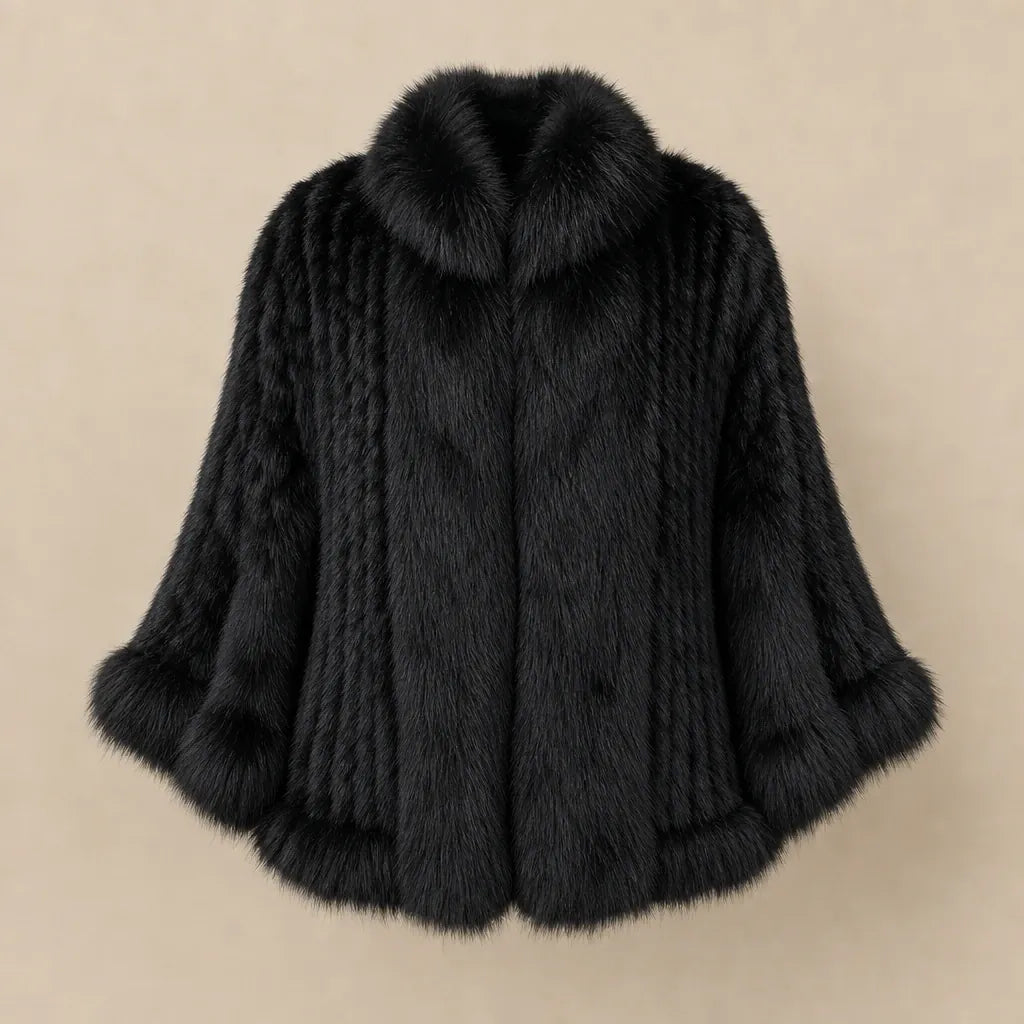 Ton poncho Poncho Cape Manteau En Fourrure De Lapin Tricotée Avec Col