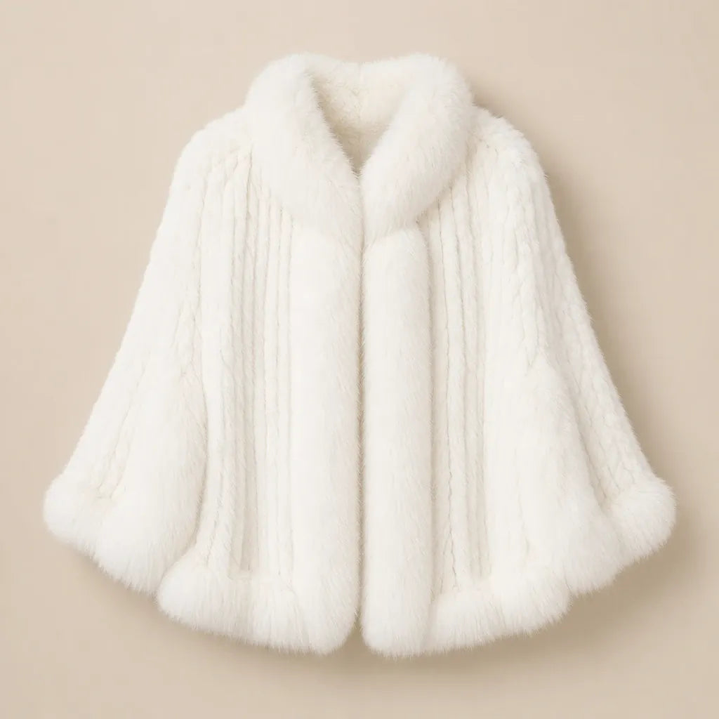 Ton poncho Poncho Cape Manteau En Fourrure De Lapin Tricotée Avec Col