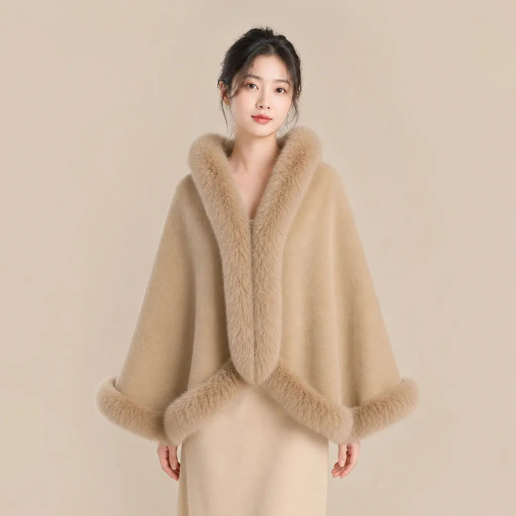 Ton poncho Poncho En Laine Double Face Bordure Fourrure De Renard
