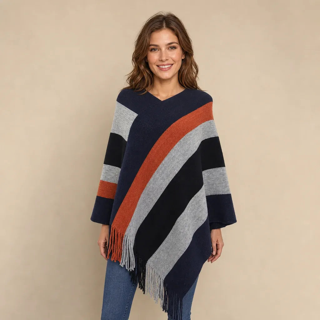 Ton poncho Poncho En Tricot À Rayures Avec Franges