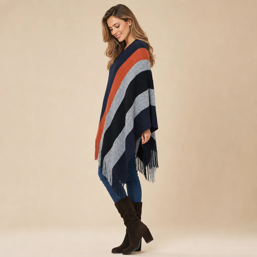 Ton poncho Poncho En Tricot À Rayures Avec Franges