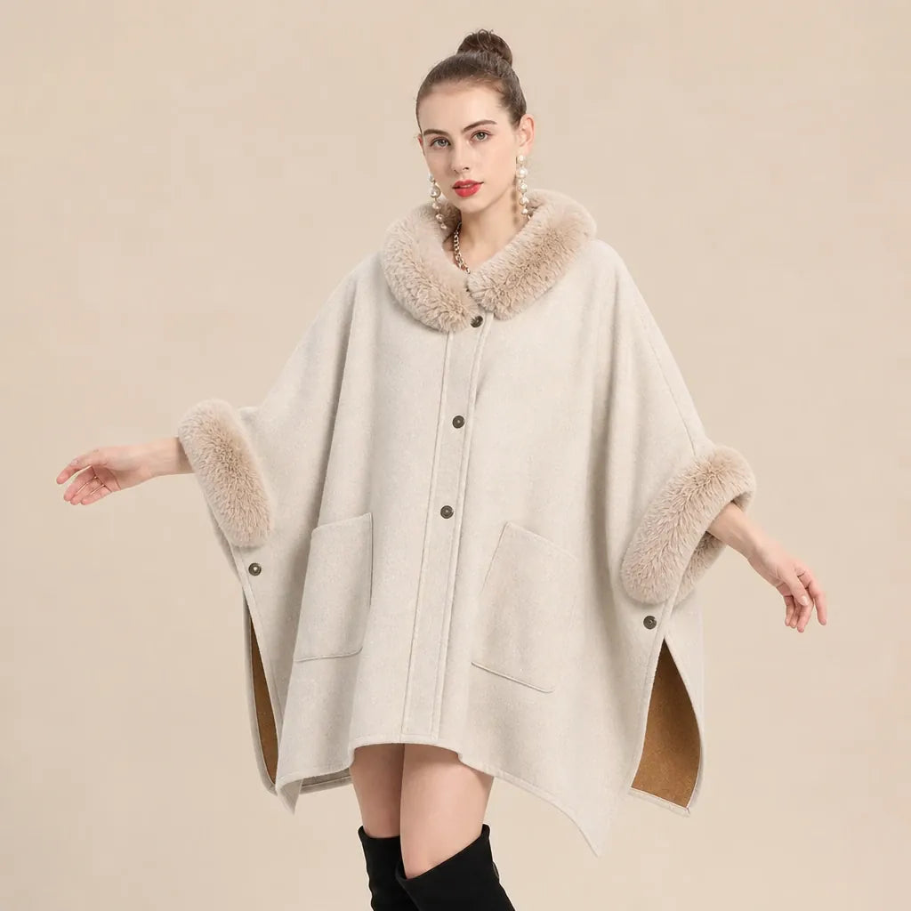 Ton poncho Poncho Femme Chaud Avec Fausse Fourrure Manches