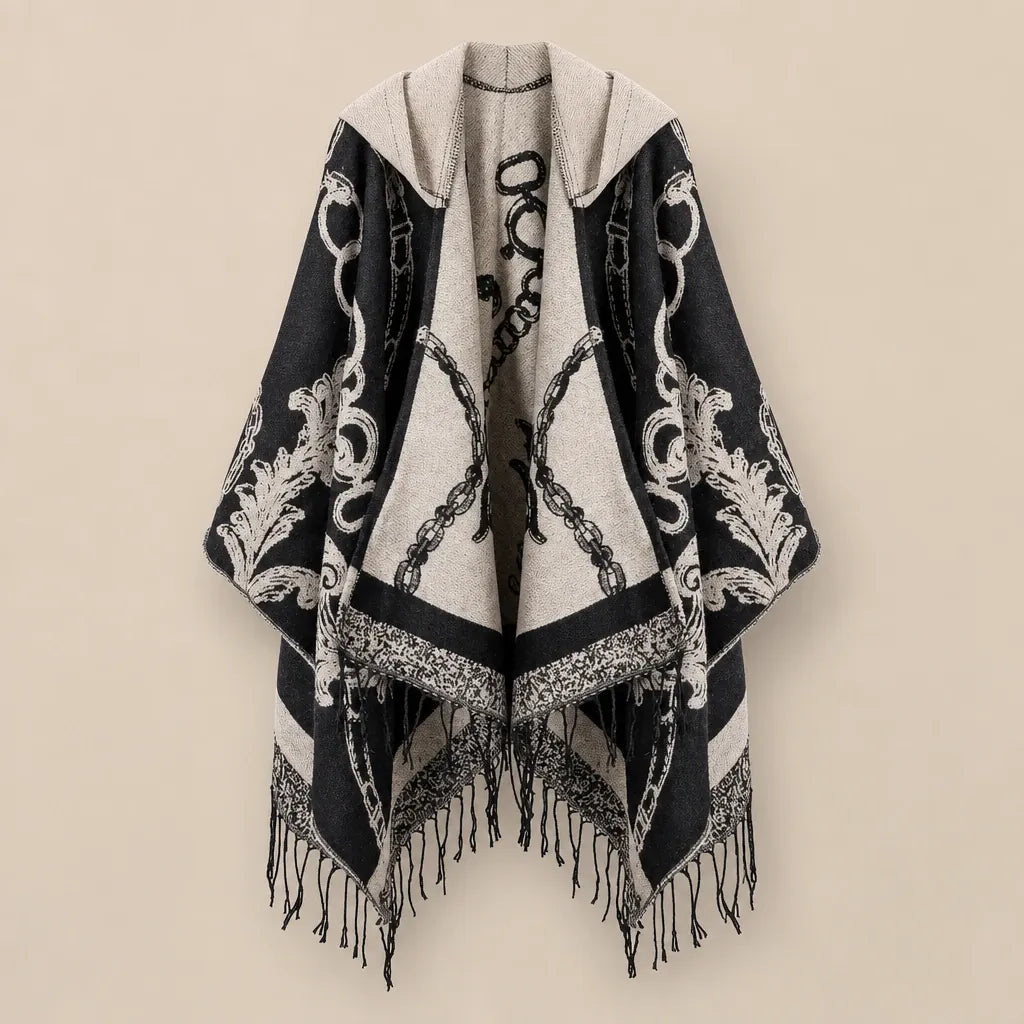 Ton poncho Poncho Franges À Capuche Motif Baroque